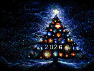 Christmas tree greeting card, poster, holiday cover. Impressionism Xmas design