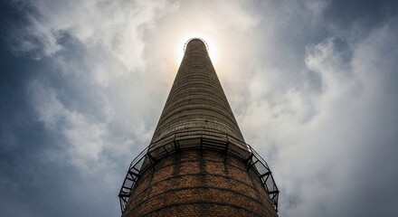 Ancient brick chimney against dramatic cloudy sky backdrop