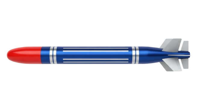 Isolated torpedo in blue and red color with fins on a background for cut-out art design