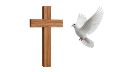 Isolated Wooden Cross and Dove Representing Faith, Peace, and Christianity, Spirit, Hope