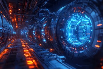 Futuristic Nuclear Fusion Reactor Chamber With Blue Energy Rings and Advanced Technology Design