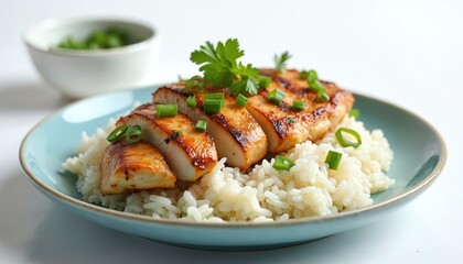 Grilled chicken slices rest on white rice, topped with fresh green onions, parsley. Healthy plate offers tasty, balanced lunch dinner. High protein meal good for diet, fitness plan, quick simple home