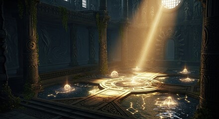 Golden Light Illuminates Ancient Sacred Chamber Pool Reflecting Mystical Energies
