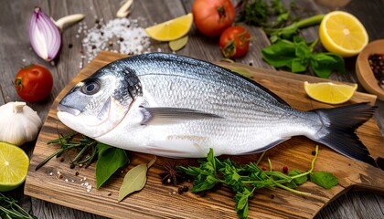 Fresh fish on a wooden board with herbs and vegetables