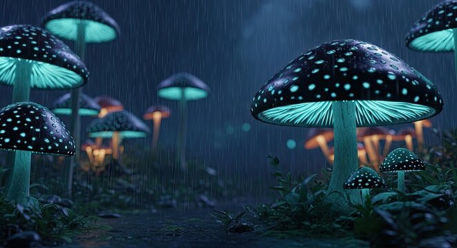 Enchanted Forest Glowing Mushrooms in Rainy Night