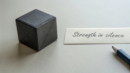 Minimalist composition featuring a wooden cube and a handwritten note conveying the message of strength and resilience in silence