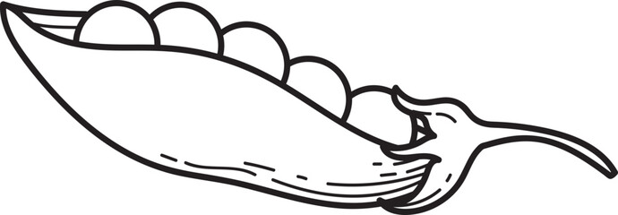Simple black and white line art illustration of an open pea pod with peas. Fresh vegetable graphic design element.