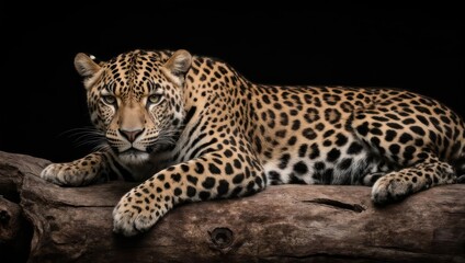 Obraz premium A majestic leopard rests on a log, eyes locked on the viewer, with a dark background