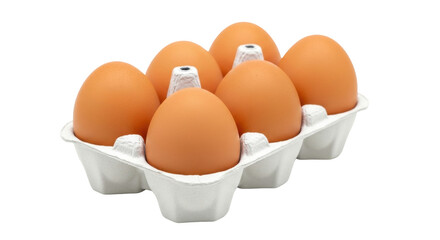 Isolated six brown chicken eggs in a cardboard tray ready to be used to prepare delicious recipes