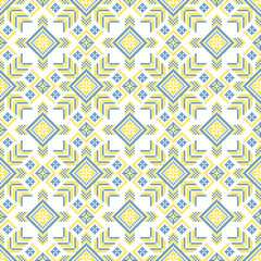 Ukrainian traditional embroidery seamless pattern, blue and yellow geometric folk ornament, ethnic cross-stitch textile design, national cultural background vector illustration