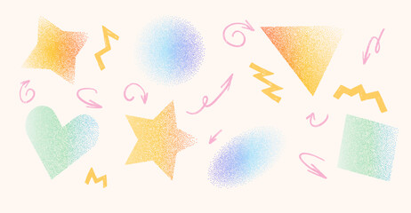 Pastel distressed geometric figure set with grainy grunge texture. Gradation figures. Y2k rhombus, circle, star and blink in soft kids vector gritty design. Vector blur stickers on beige background.