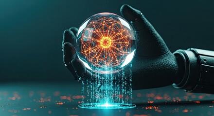Robotic hand holding a glowing orb of energy and data
