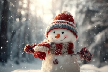 Fototapeta premium Happy Snowman in Red Hat in Snowy Winter Forest