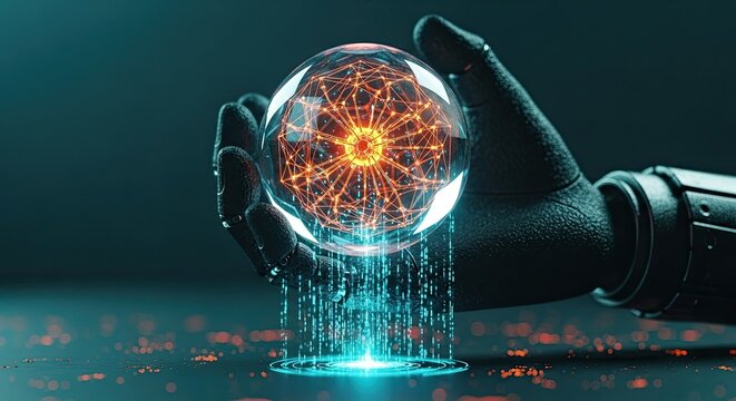 Robotic hand holding a glowing orb of energy and data