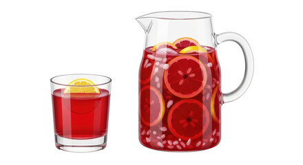 Isolated clear pitcher and glass with red liquid and orange slices, refreshing summer drink