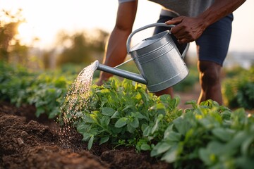 Workers watering plants during sunrise hours Generative AI
