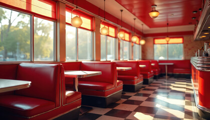 Classic American diner interior with red booths, chrome accents. Red leather booths with white tables. Black, white checkered floor. Large windows with red frames. Hanging light fixtures. Empty diner