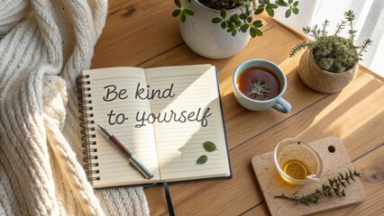 Inspirational workspace with cozy elements, herbal tea, and handwritten message promoting self-care and kindness