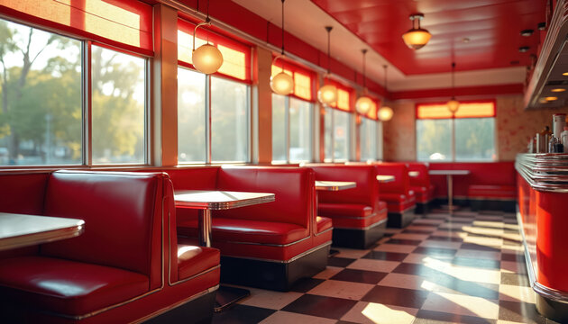 Classic American diner interior with red booths, chrome accents. Red leather booths with white tables. Black, white checkered floor. Large windows with red frames. Hanging light fixtures. Empty diner