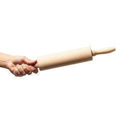 hand holding wooden rolling pin on Isolated transparent background png. generated with AI