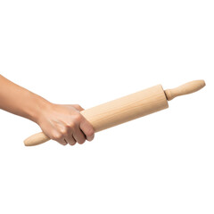 hand holding wooden rolling pin on Isolated transparent background png. generated with AI
