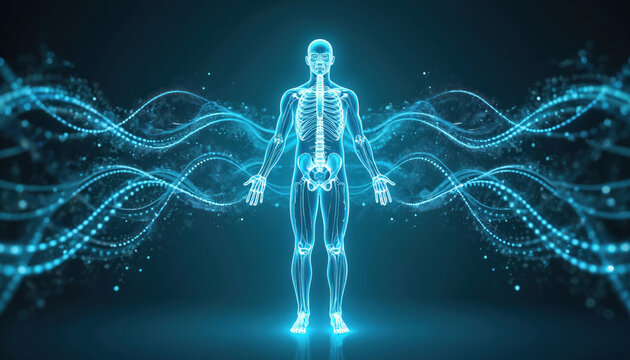 Human body silhouette with glowing skeleton and light energy waves surround it. Illustration shows interconnectedness of physical and energetic wellness.