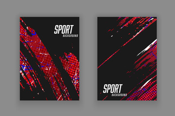 Abstract sports cover or poster design with red brush strokes and halftone effect. Sports template design.