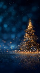 Golden bokeh tree on midnight sky, shimmering bokeh particles rise at right with soft reflection on glossy surface, deep blue backdrop adds bokeh depth and festive mood, elegant holiday banner concept