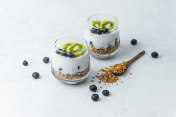 Healthy granola parfait with kiwi and blueberries in glass