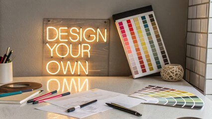 Creative workspace with neon sign and color swatches for design inspiration and personalized projects