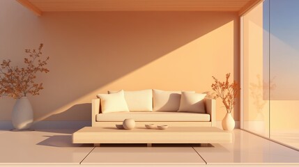 Warm minimalist living room interior with sunlit sofa, soft sofa cushions, wood coffee table, large window and dry branches in ceramic vases; cozy sofa scene in neutral palette, calm weekend vibe