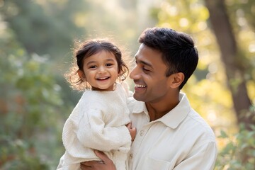South Asian father lifting his smiling daughter outdoors Generative AI