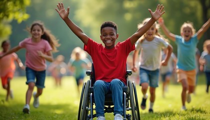 Fototapeta premium Young boy in wheelchair with arms raised smiling. Group of diverse children run behind in park. Kids participate in inclusive outdoor activity together on green grass. Children fun playing outside.