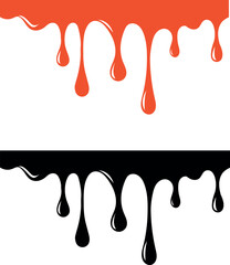 Liquid paint melt border silhouette, several drops dripping vertically, glossy black and orange on white background.