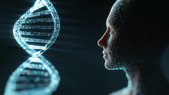Exploring the Intersection of Humanity and Genetics: A Futuristic Visualization of DNA Structure with a Human Silhouette, Representing Scientific Advancement and Bioethics