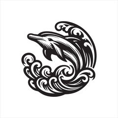 Stylized Dolphin Leaping Through Waves in Black and White Design.