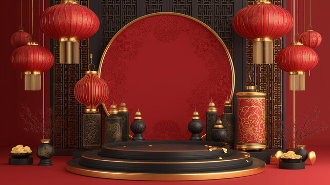 Gold and red festive stage design Lunar New Year theme