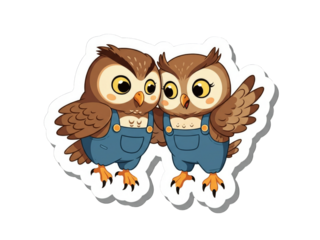 Two cartoon owls wearing blue overalls and smiling