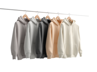 Stylish hoodies in neutral tones hanging neatly on a rack, perfect for showcasing apparel design, fashion trends, and comfortable, casual style in your next project