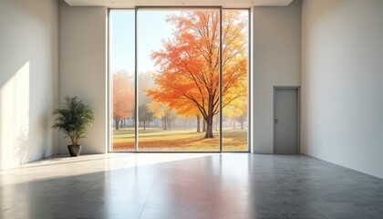 Modern interior with large window showing colorful autumn trees outside. Minimalist space features concrete floor and single door. Bright sunlight streams into the room.