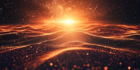 glowing orange and red abstract landscape with undulating digital waves and sparkling particles, resembling a cosmic sunrise. Ideal for technology, spirituality, sci-fi, or motivational content