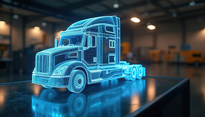 Blue wireframe hologram of semi truck displays future vehicle design in high tech industrial workshop. Advanced auto concept art shows innovation in manufacturing.