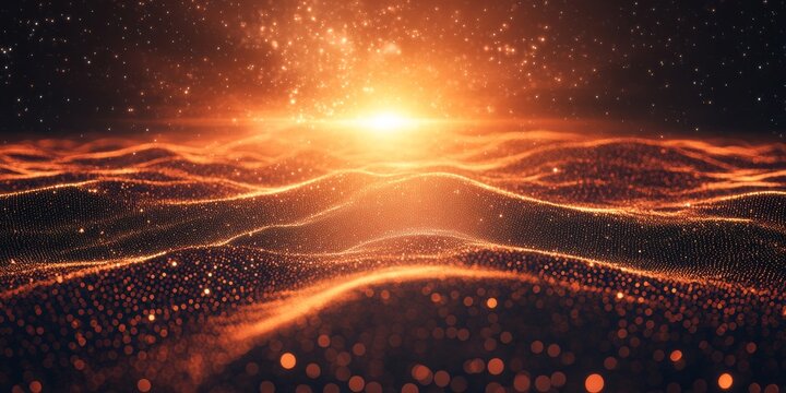 glowing orange and red abstract landscape with undulating digital waves and sparkling particles, resembling a cosmic sunrise. Ideal for technology, spirituality, sci-fi, or motivational content