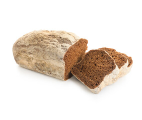 Cut loaf of fresh rye bread isolated on white background