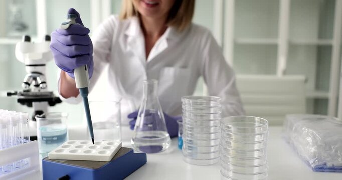 Woman chemist drips reagent with digital dripper into multi well sample tray on desk. Female researcher conducts tests with liquids in laboratory