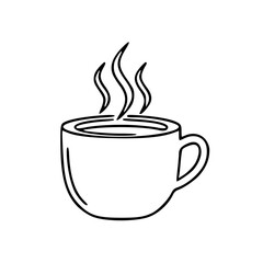 Simple line drawing of a steaming cup, suggesting hot beverage like coffee or tea, isolated on white.