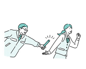 作業服を着てバトンを手渡す男性と受け取る女性ー横向きー企業ー工業、倉庫、運送系ービジネスイラスト素材