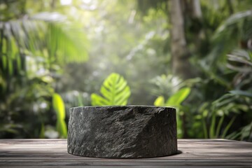 Stone Podium Tabletop in Tropical Garden Background