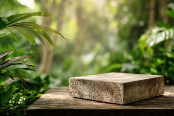 Stone Podium Tabletop in Tropical Garden Background