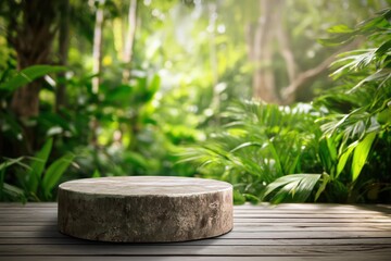 Stone Podium Tabletop in Tropical Garden Background